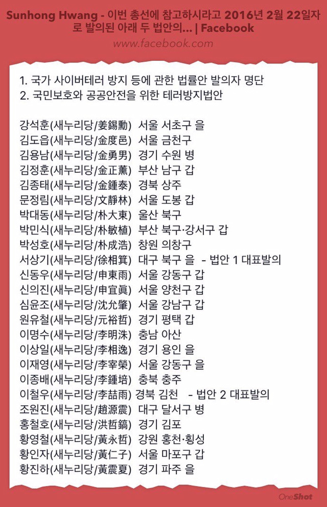 테러방지법 법안 발의자 명단과 이들의 총선 선거구 | 인스티즈
