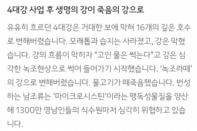 4대강이 서서히 죽어가고 있어요 | 인스티즈