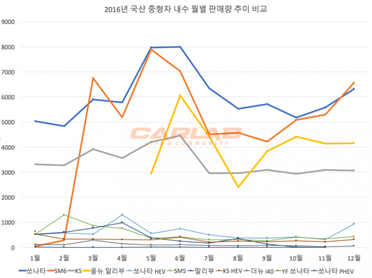2016년 국산 중형차 판매량 비교 | 인스티즈