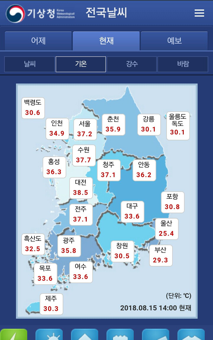 광복절 오후 2시 전국 기온..이제 대프리카는 대전!울산과 13도 차이.. | 인스티즈